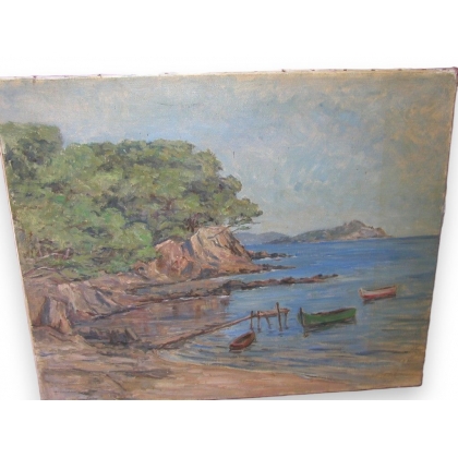 Huile sur toile \"Trois barques en bord
