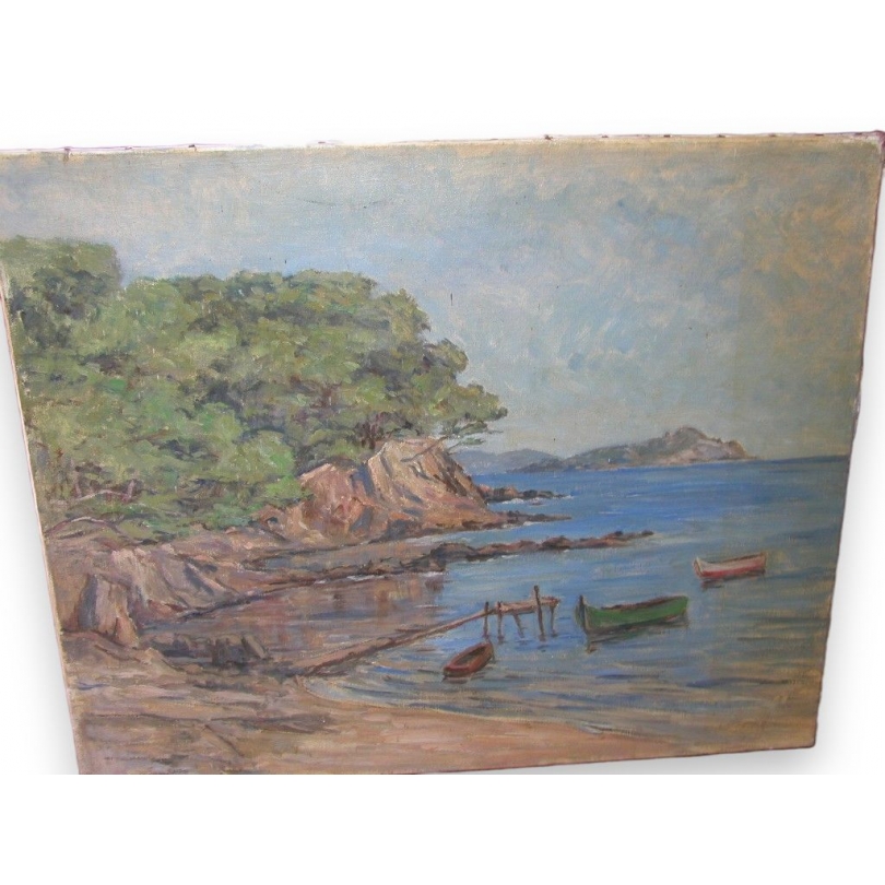 Paintings | Oil on canvas: ‘Three Boats on the Shore’ by Moinat SA – Antiques and Decor