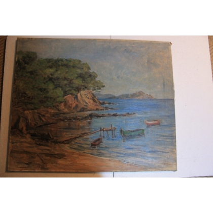 Paintings | Oil on canvas: ‘Three Boats on the Shore’ by Moinat SA – Antiques and Decor