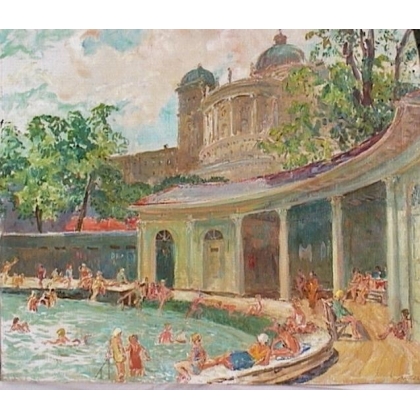 Paintings | Oil on canvas: ‘Swimming pool in front of Moinat SA’ – Antiques and interior design