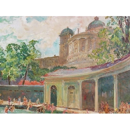 Paintings | Oil on canvas: ‘Swimming pool in front of Moinat SA’ – Antiques and interior design