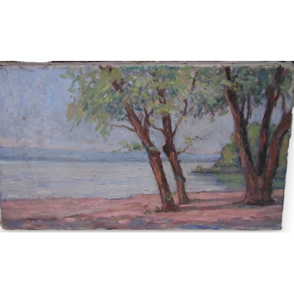 Huile sur toile \"Plage du Lac Léman\"