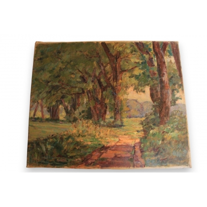 Huile sur toile \"Chemin dans la forêt\"