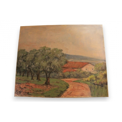 Huile sur toile \"Route de terre\" Suisse