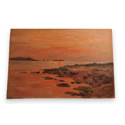 Huile sur panneau \"Coucher de soleil,