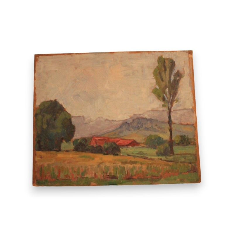 Paintings | Oil on panel ‘Farm’ by Essai de Moinat SA  – Antiques and home décor