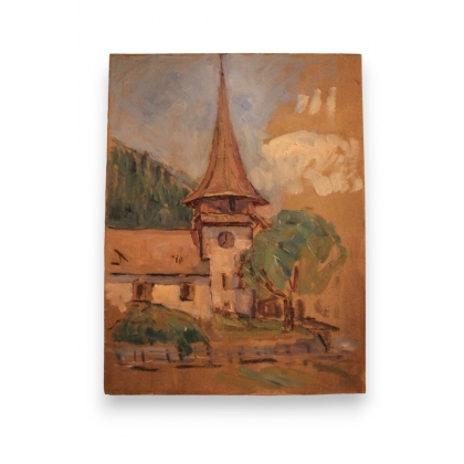 Huile sur panneau \"Eglise de Gsteig