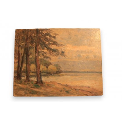 Huile sur panneau \"Bord de l\'eau\" de