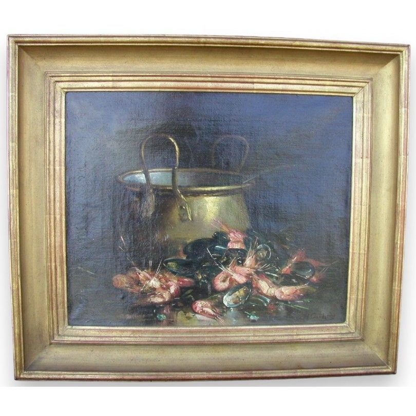 Tableau "Chaudron, moules et crevettes", signé.