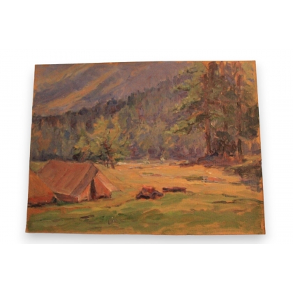 Huile sur panneau \"Camping\" de Paul