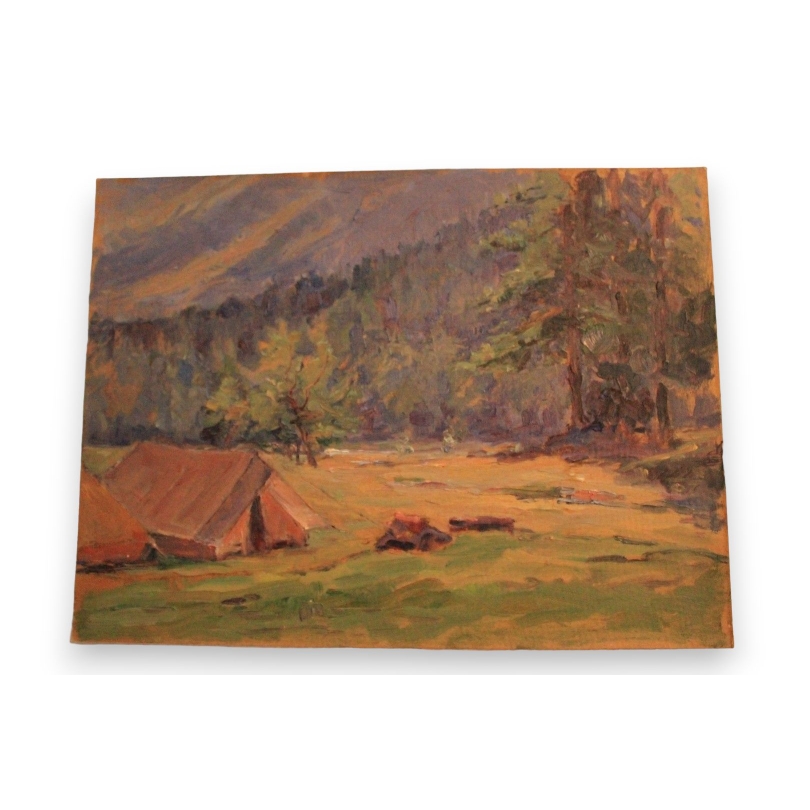 Paintings | Oil on panel, ‘Camping’, by Paul Moinat SA  – Antiques and home décor