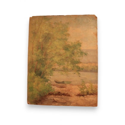 Huile sur panneau \"Bord du Rhône 18