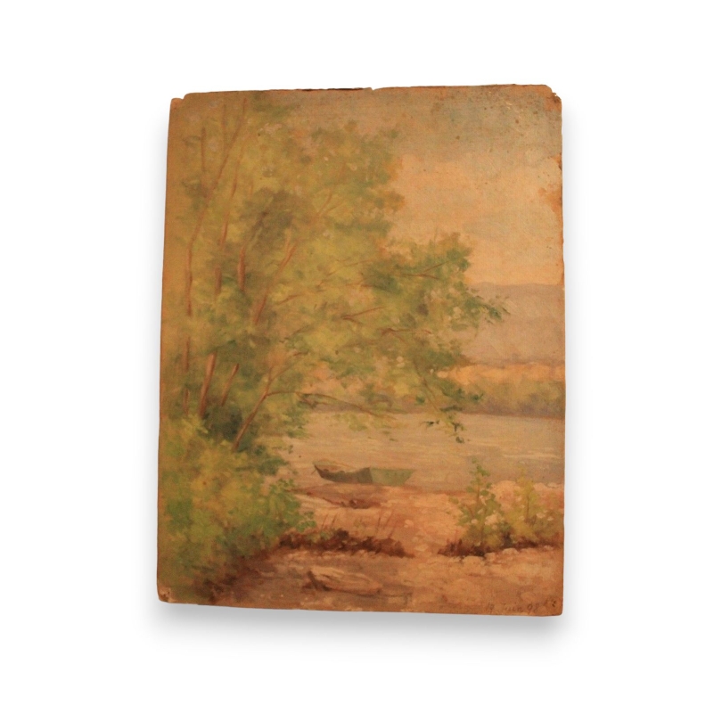 Paintings | Oil on panel "Bord du Rhône 18" Moinat SA  - Antiques and home décor