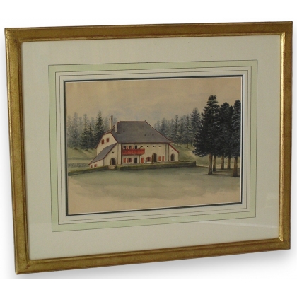 Aquarelle suisse "Montchambot , Jura  sur Moinat SA  - Antiquités décoration -  Gouaches, Aquarelles, Pastels