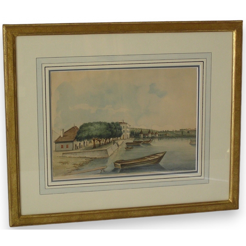 Aquarelle suisse sur papier "Port de  sur Moinat SA  - Antiquités décoration -  Gouaches, Aquarelles, Pastels