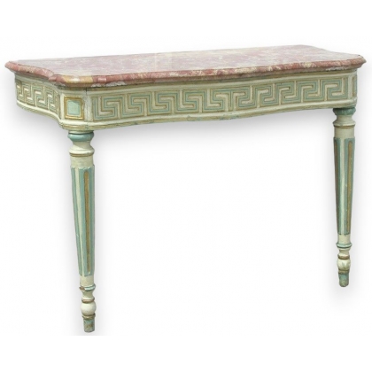 Console table with pink marble top.