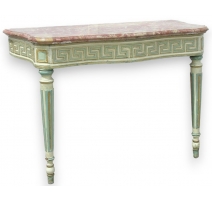 Console table with pink marble top.