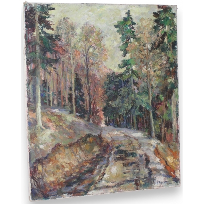 Huile sur toile suisse \"Sous-bois\",