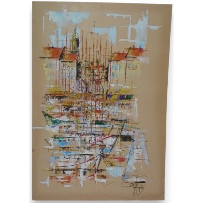 Tableau huile sur papier \"Village et