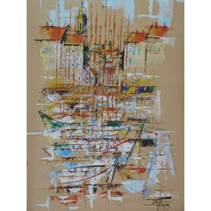 Paintings | Oil painting on paper "Village and Moinat SA  - Antiques and home décor"