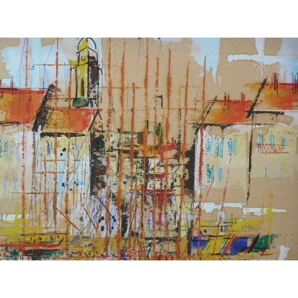 Paintings | Oil painting on paper "Village and Moinat SA  - Antiques and home décor"