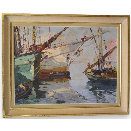 Tableau huile sur toile \"Bateaux\"