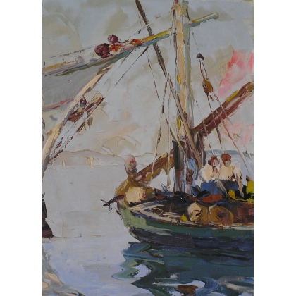 Paintings | Oil on canvas painting ‘Boats’, Moinat SA  – Antiques and home décor
