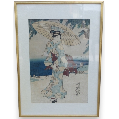 Estampe Japonaise "Geisha à l'ombrelle"