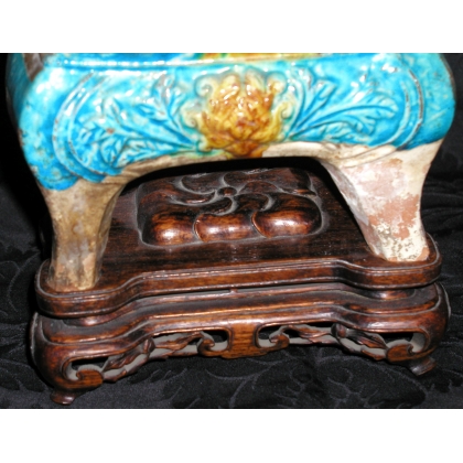 Azure and gold glazed incense burner. Wooden base. Available from  Moinat SA  - Antiques and home décor