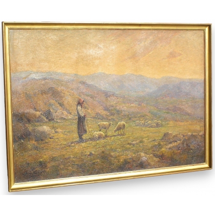 Tableau \"Bergère et moutons\" signé G. da VICCHIO