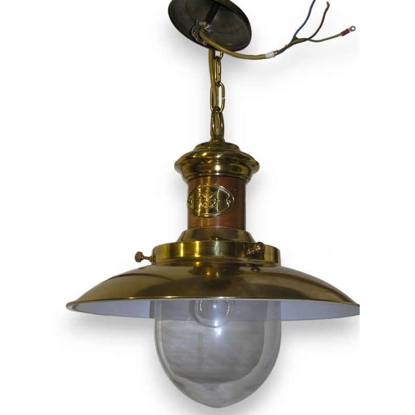 Hanging lamp, made of wood and brass. Available from Moinat SA – Antiques and home décor
