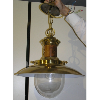 Hanging lamp, made of wood and brass. Available from Moinat SA – Antiques and home décor