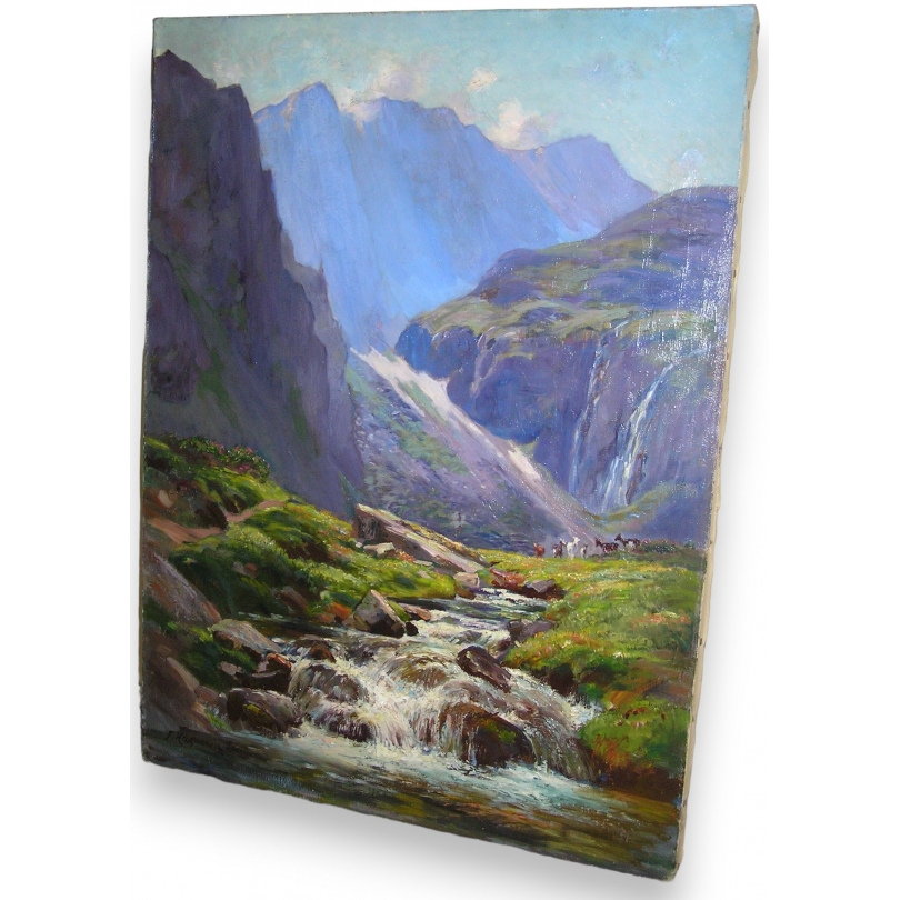 Paintings | Oil on canvas painting ‘Mountain Landscape’ by Moinat SA  – Antiques and home décor