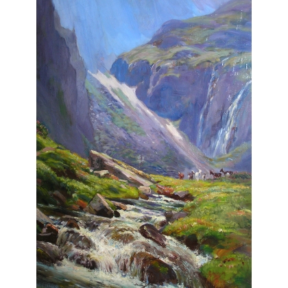 Paintings | Oil on canvas painting ‘Mountain Landscape’ by Moinat SA  – Antiques and home décor