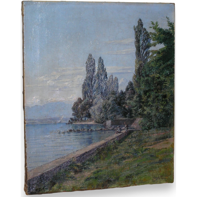 Paintings | Oil on canvas painting "Lake Moinat" SA – Antiques and home décor