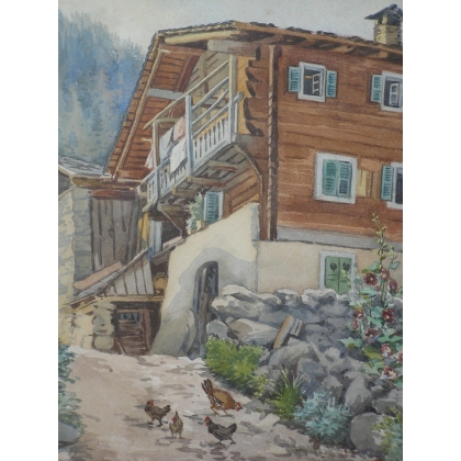 Aquarelle sur papier "Chalet", signée  sur Moinat SA  - Antiquités décoration -  Gouaches, Aquarelles, Pastels