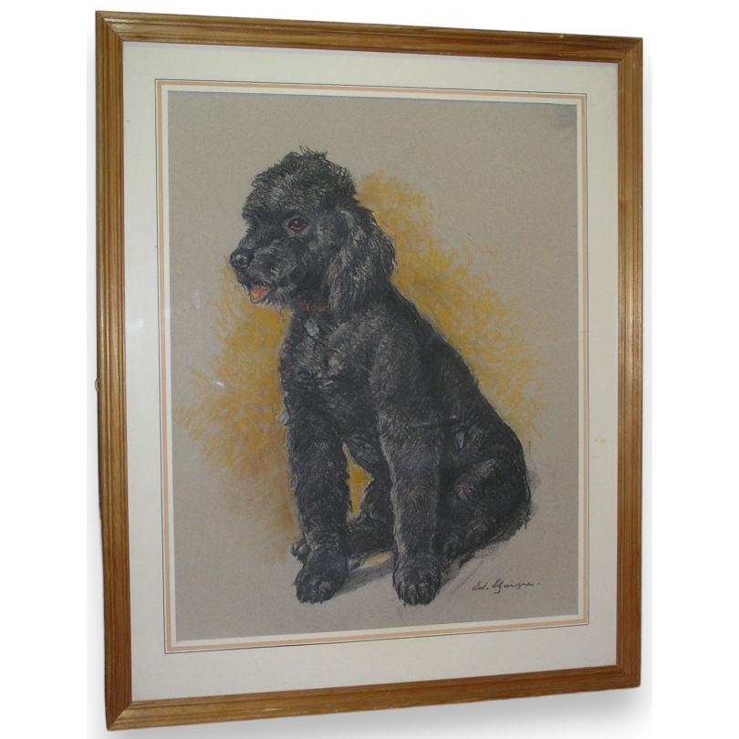  Dessin original "Chien, caniche noir", sur  Moinat SA  - Antiquités décoration