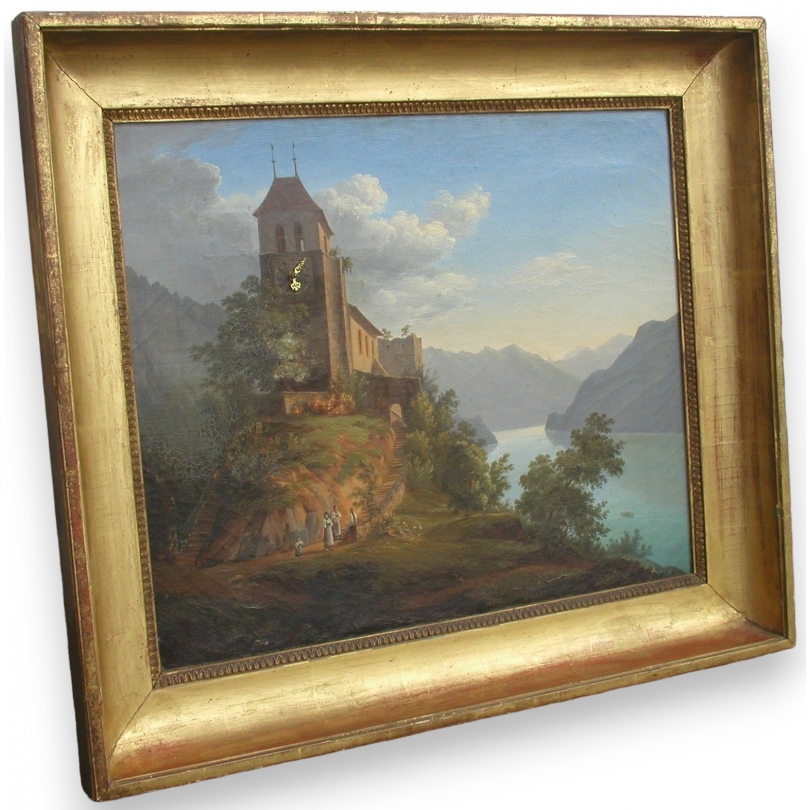 Paintings | Painting: ‘The Church at Ringenberg, Lake Brienz’. Moinat SA  – Antiques and home décor