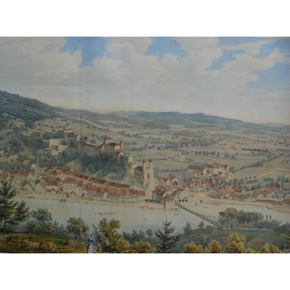 Aquarelle sur papier "Vue d'Aarburg et  sur Moinat SA  - Antiquités décoration -  Gravures, Lithos