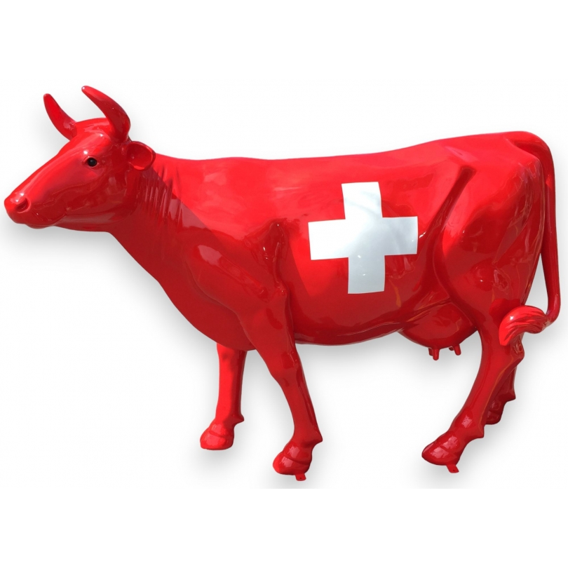 Vache en résine et fibre de verre "Drapeau Suisse"