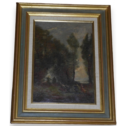Huile sur toile \"Bal champêtre\", non