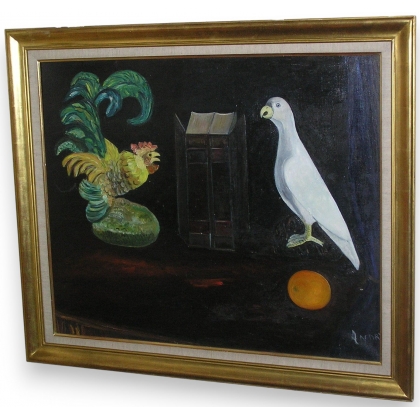 Tableau huile sur toile \"Coq et perruche\"