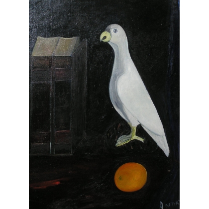 Paintings | Oil on canvas painting ‘Rooster and Parakeet’ by Moinat SA  – Antiques and home décor