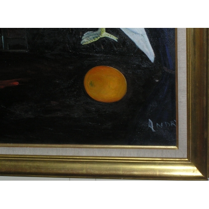 Paintings | Oil on canvas painting ‘Rooster and Parakeet’ by Moinat SA  – Antiques and home décor