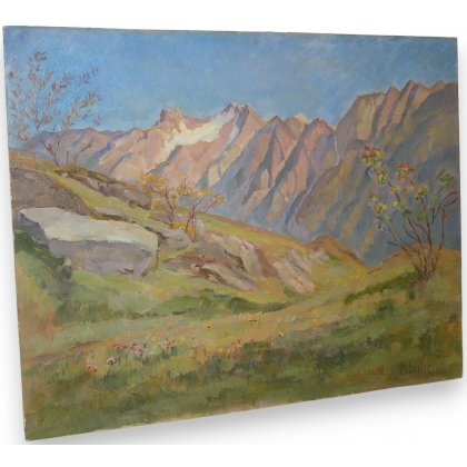 Tableau huile sur carton \"Berge in