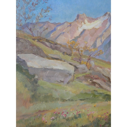 Paintings | Oil painting on cardboard, ‘Berge in Moinat SA’ – Antiques and home décor
