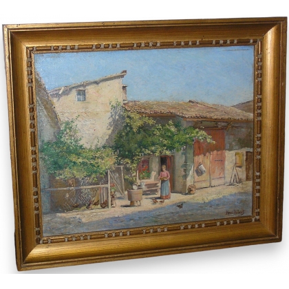 Tableau \"La Cour\", signé Henri HÉBERT
