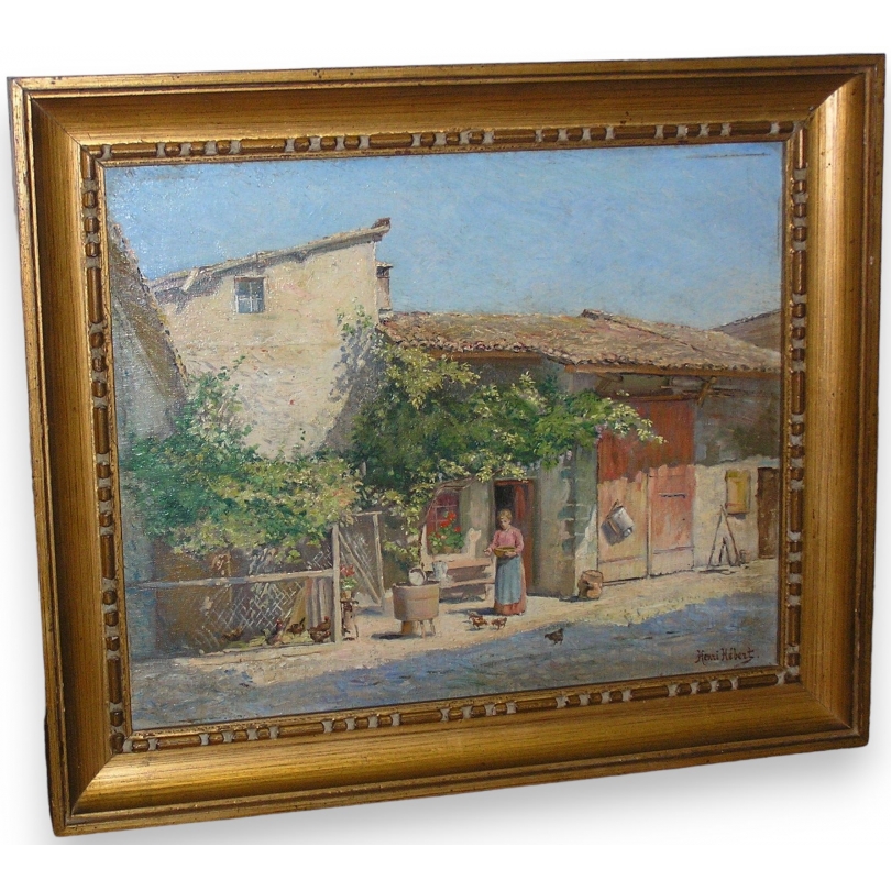 Paintings | Painting entitled ‘La Cour’, signed Henri HÉBERT Moinat SA  – Antiques and home décor