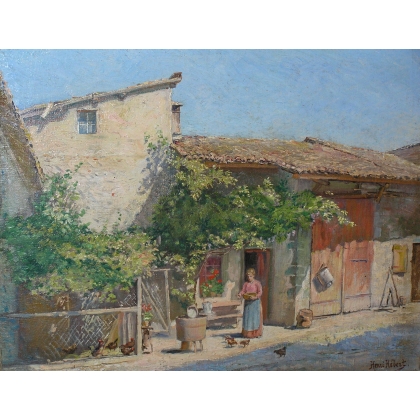 Paintings | Painting entitled ‘La Cour’, signed Henri HÉBERT Moinat SA  – Antiques and home décor