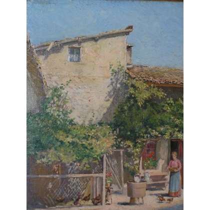 Paintings | Painting entitled ‘La Cour’, signed Henri HÉBERT Moinat SA  – Antiques and home décor